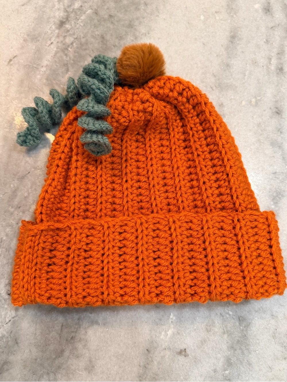Handmade Crochet Pumpkin Beanie Orange Ribbed Hat Green Vine Pom Pom Fall